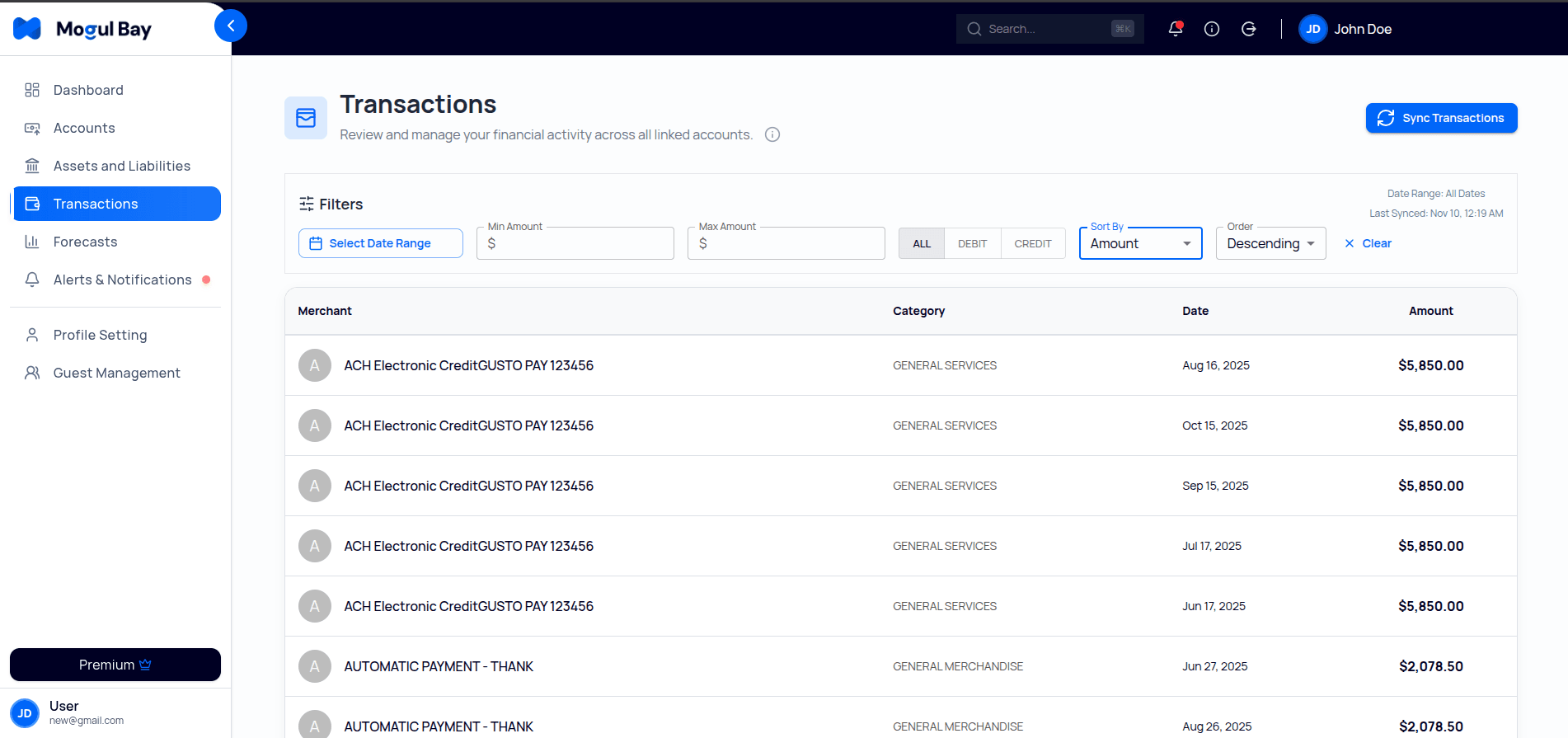 Intelligent Transaction Tracking - MogulBay Financial Platform Feature